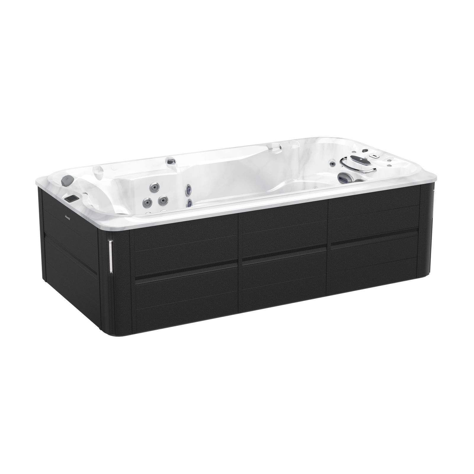 Rectangular black hot tub with clear acrylic top and built-in jets on a white background