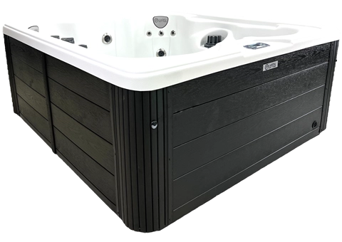 Black outdoor hot tub with white interior and multiple jets on a white background