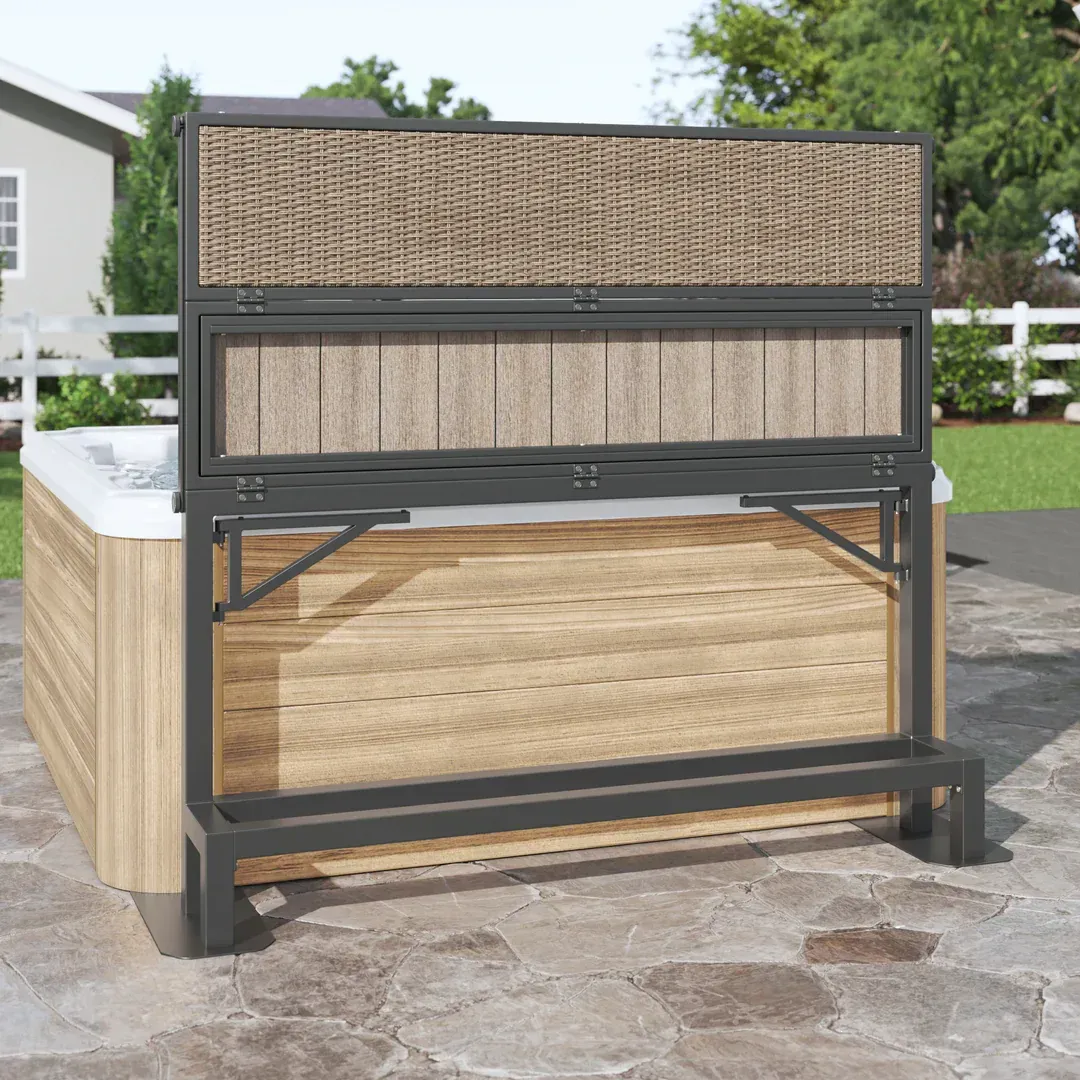 Modern outdoor bar cart with wood panels, black metal frame, and wicker top on a patio