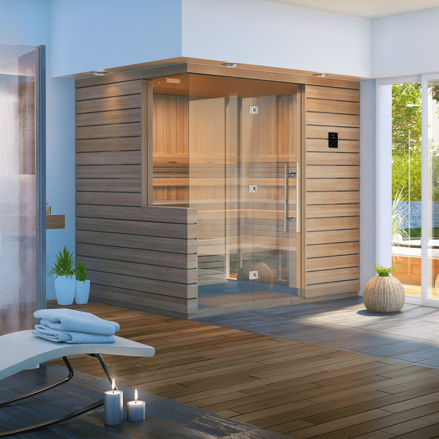 Modern wooden sauna with glass front in a bright spa room, beside a lounge chair and candles.