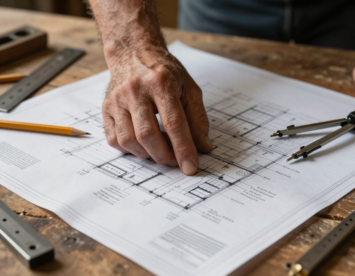 Craftsman reviewing blueprints at worktable