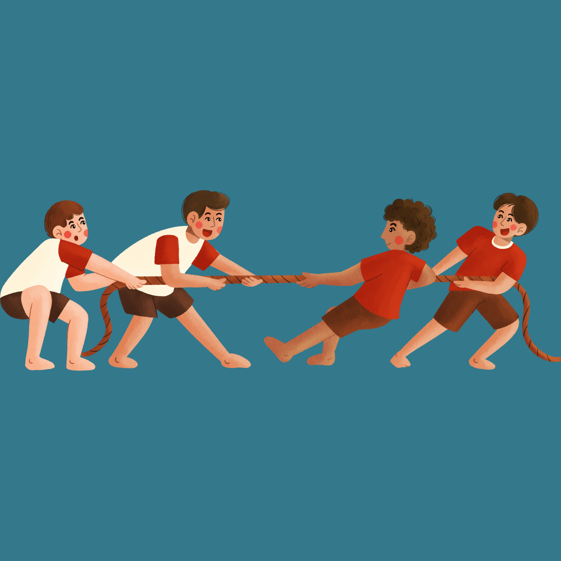 Four people in red shirts play tug-of-war with a rope on a blue background.