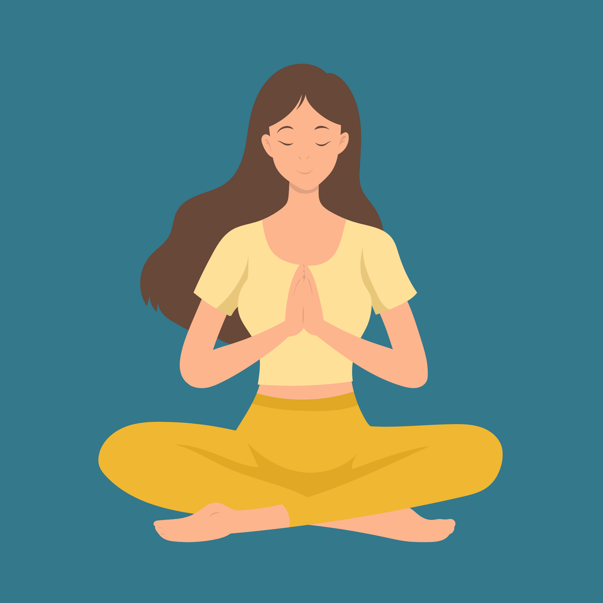 Woman meditating cross-legged with hands in prayer on a teal background