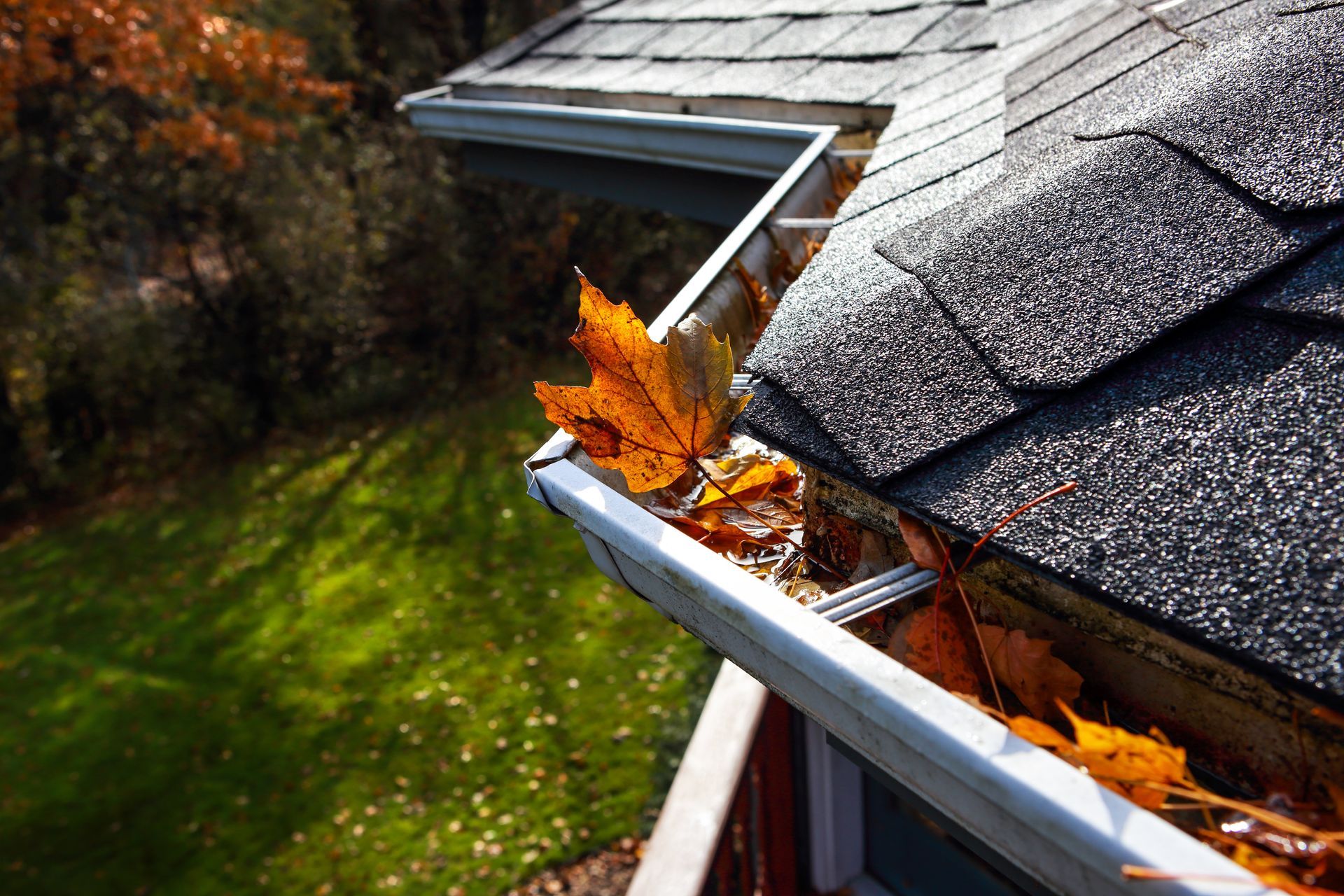 Une gouttière remplie de feuilles sur le toit d'une maison.
