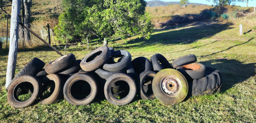 Pile of discarded tires on grassy ground, near trees and a fence.