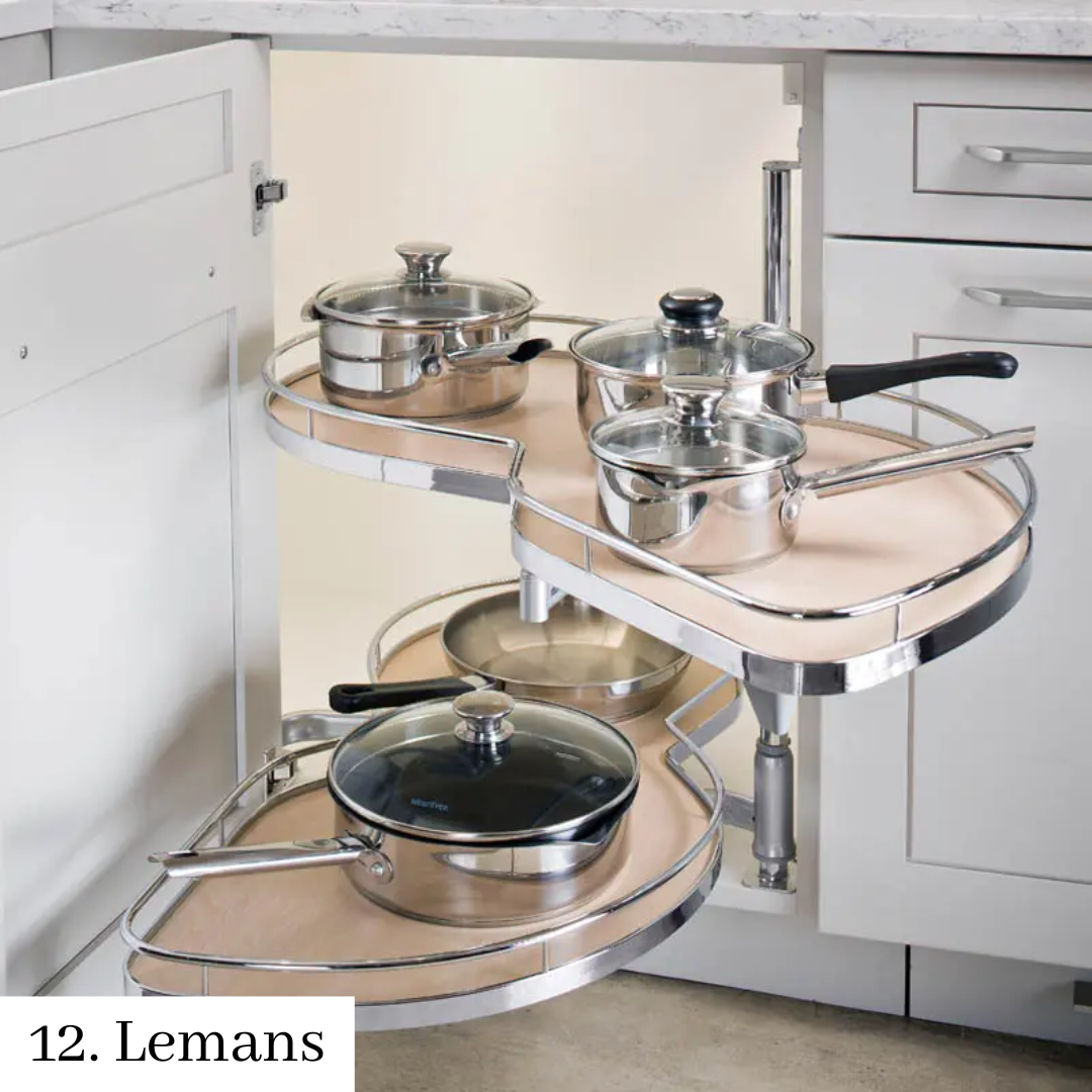 Two-tier corner cabinet pull-out with stainless steel pots and pans on wire racks
