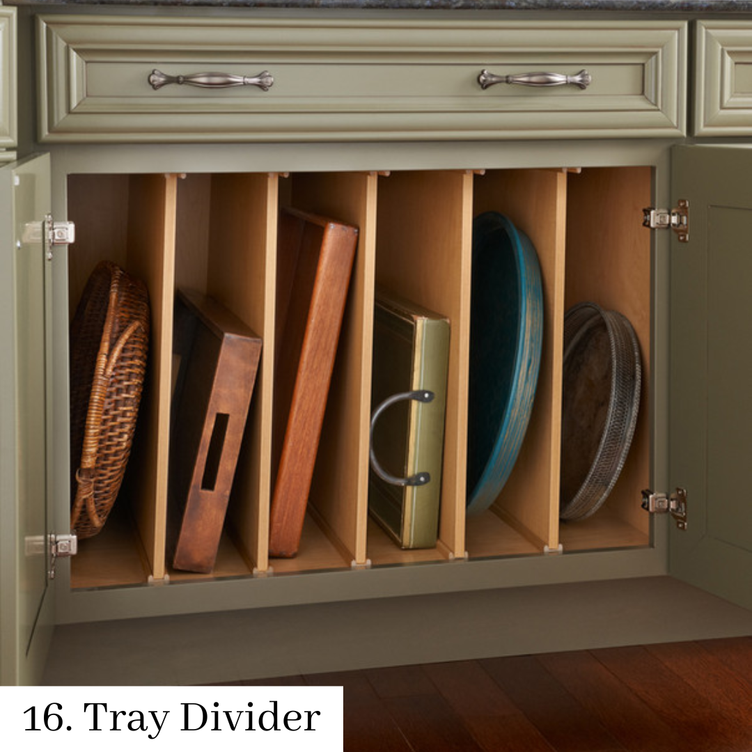 Kitchen cabinet tray divider with neatly stored baking trays and pans.