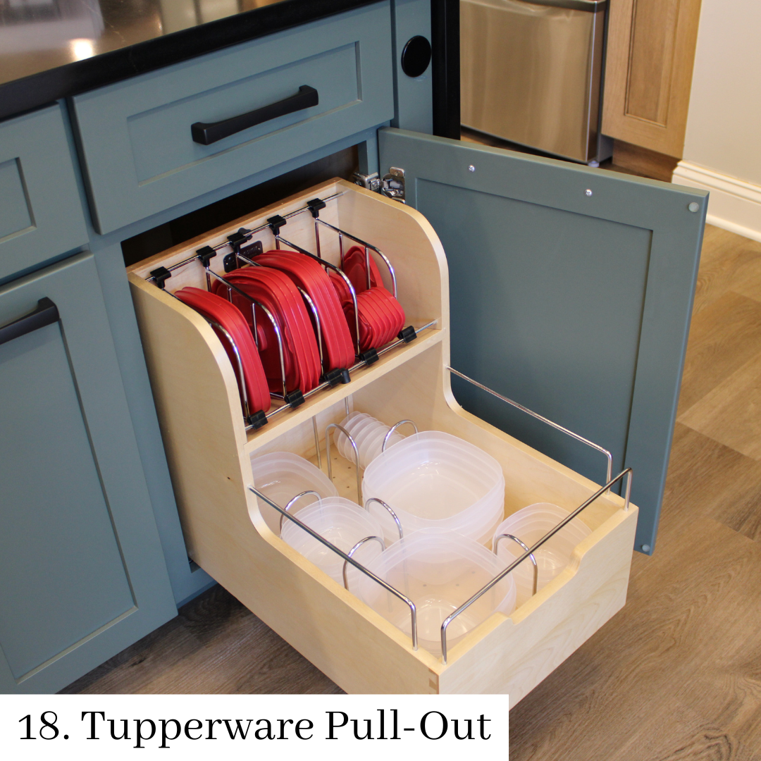 Kitchen cabinet pull-out organizer with red lids and white bowls inside