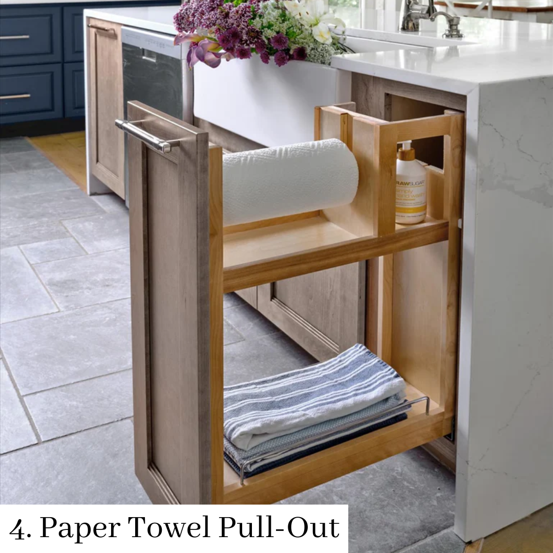 Kitchen cabinet pull-out with paper towel roll and shelf for folded towels
