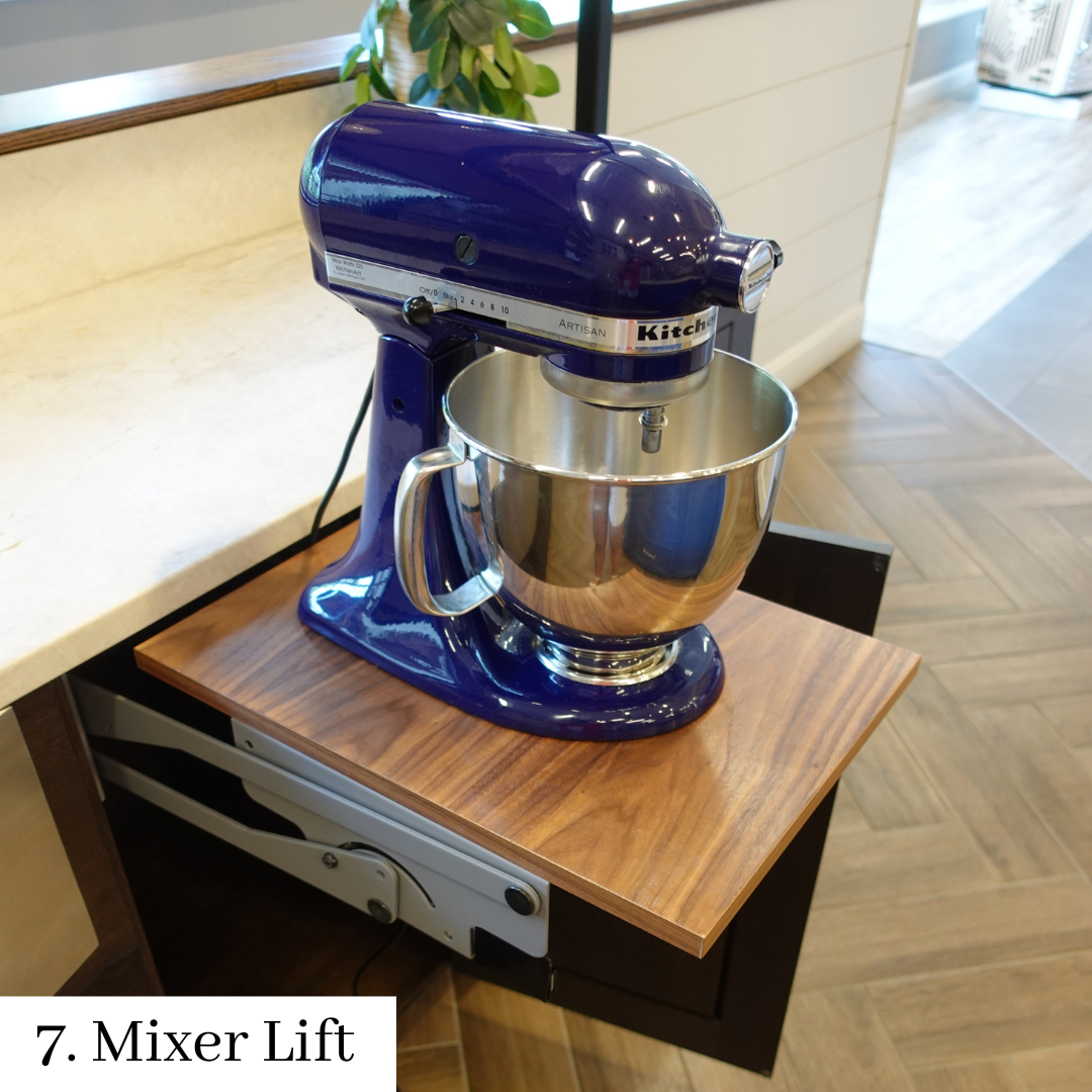 Blue stand mixer with stainless steel bowl on a wooden display platform