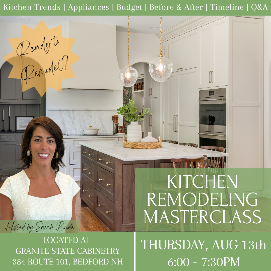 Kitchen remodeling masterclass promo with white-and-wood kitchen and green event text overlay
