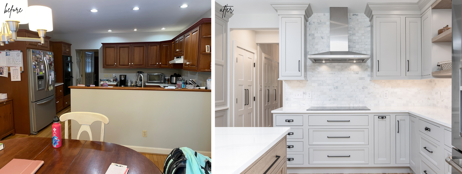 Kitchen interior showing a dark wood kitchen and dining area beside a bright white modern kitchen renovation