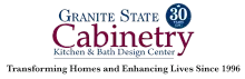 Granite State Cabinetry logo with blue and red text and tagline, “Transforming Homes and Enhancing Lives Since 1996.”