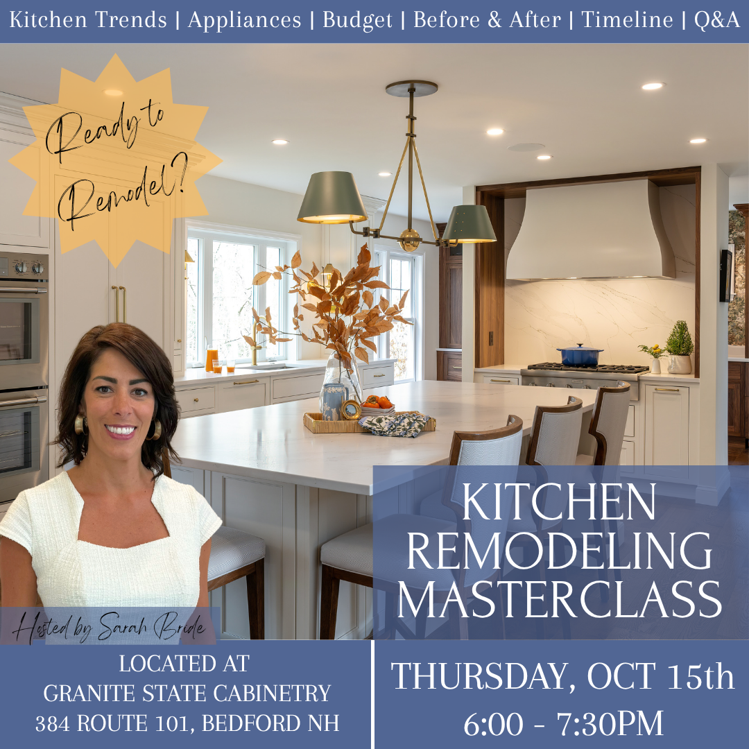 Kitchen remodel class flyer with white-and-wood kitchen and woman portrait, Saturday, Sept. 19th at 10:00 AM