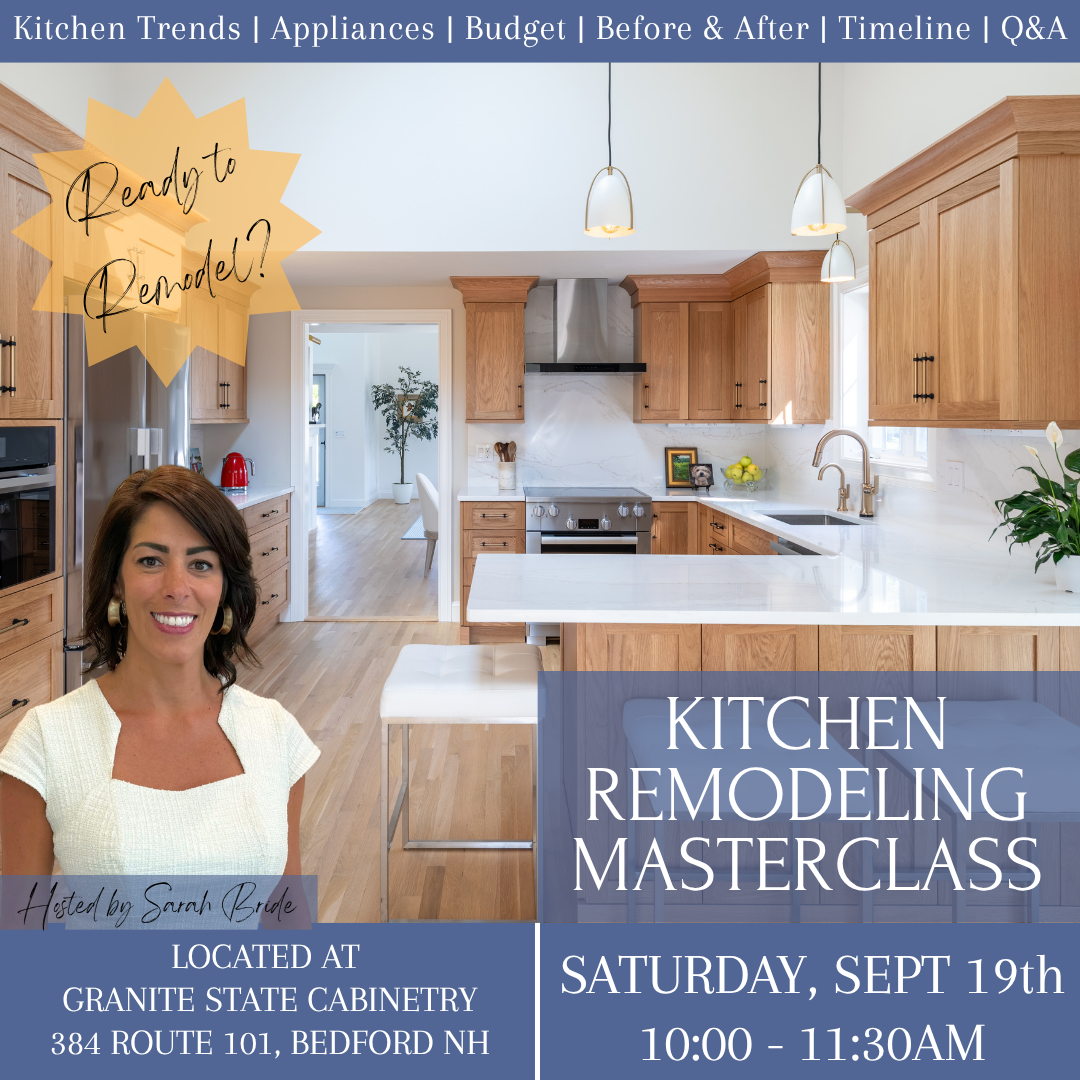 Kitchen remodel class flyer with white-and-wood kitchen and woman portrait, Saturday, Sept. 19th at 10:00 AM