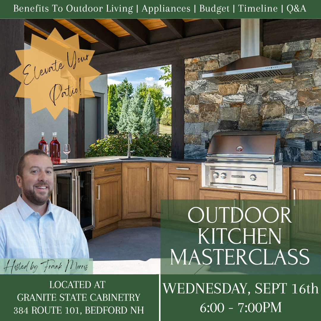 Outdoor kitchen masterclass flyer with chef, stone grill, and event details in green and gold text