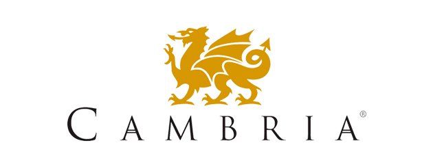 Cambria logo with gold lion emblem above black serif wordmark