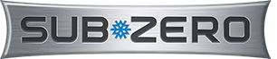 Sub-Zero logo in metallic silver with a blue snowflake icon between the words