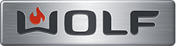 WOLF logo on brushed silver plaque with red flame icon