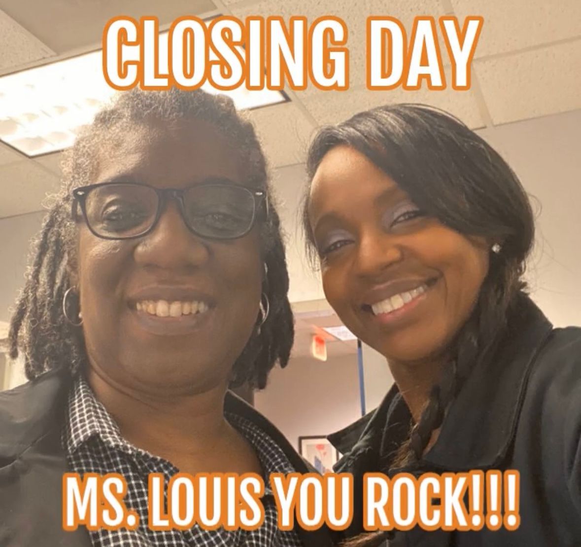 Two smiling women pose for a selfie; text says