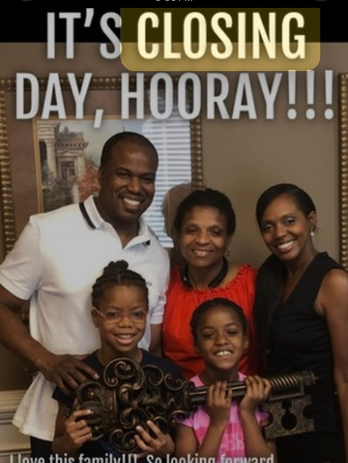 Family celebrates closing day, smiling, holding oversized decorative key. Gold text