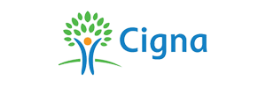 A blue and green logo for cigna with a tree in the middle.