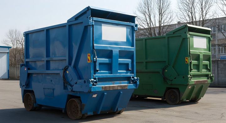 Two large dumpster trucks, one blue and one green, parked in a lot outdoors.