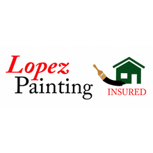 Lopez Painting logo with red and black text, paintbrush, green house icon, and &ldquo;INSURED&rdquo; label