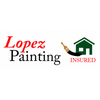 Lopez Painting logo with red and black text, paintbrush, green house icon, and &ldquo;INSURED&rdquo; label