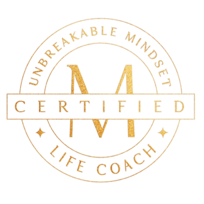 Gold “Certified Unbreakable Mindset Life Coach” logo with a large M in the center.