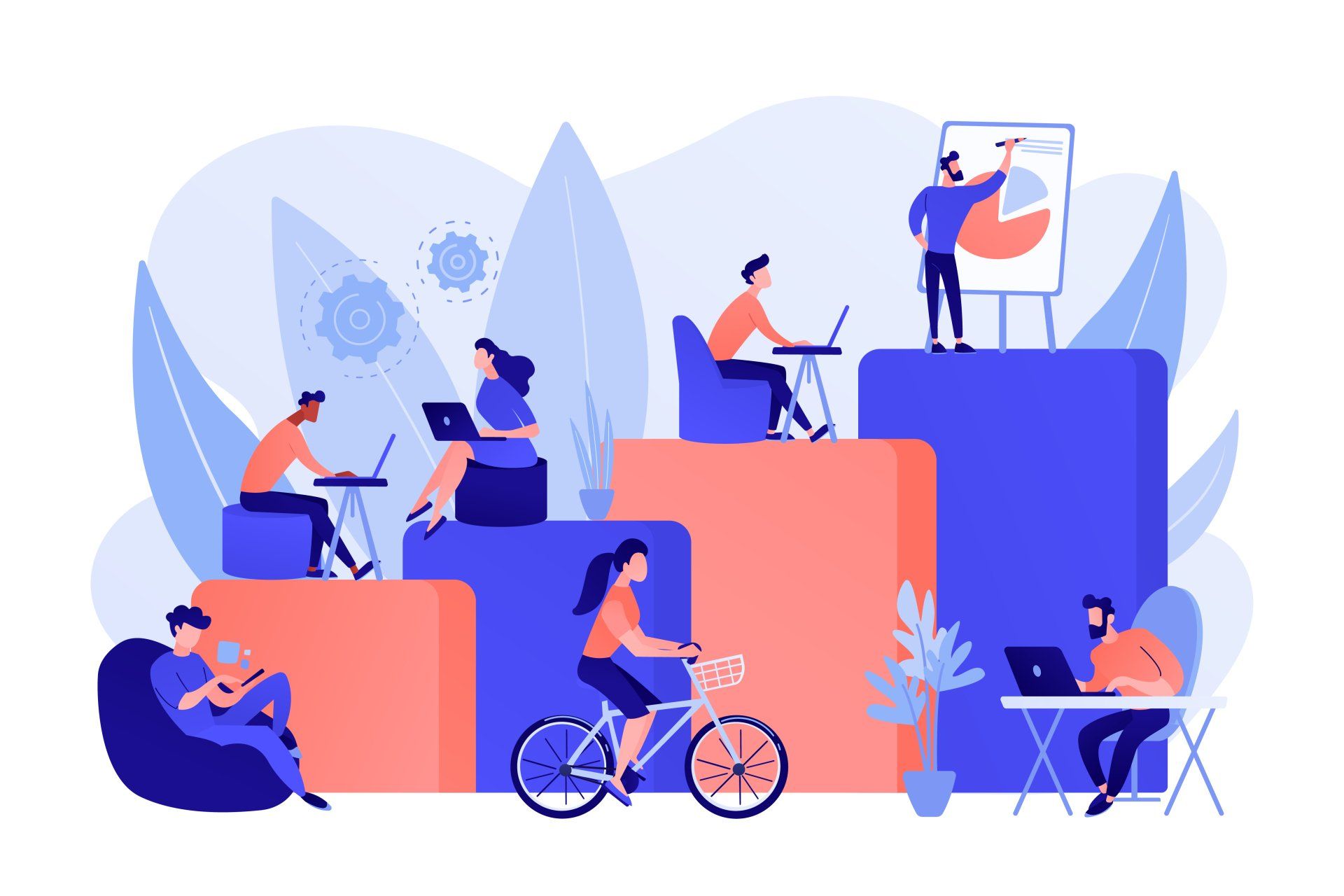 an illustration showing a stylized depiction of different lifestyle and activities of millenials