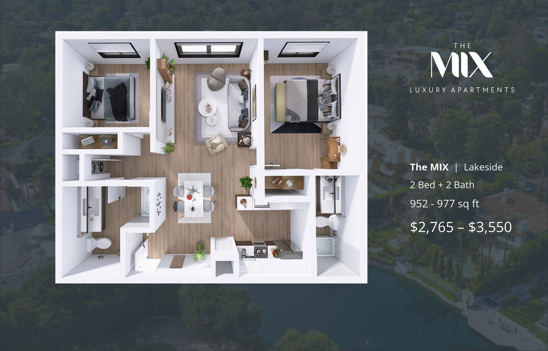 a 3d floor plan of a 2-bedroom unit at the mix luxury apartments with logo and details