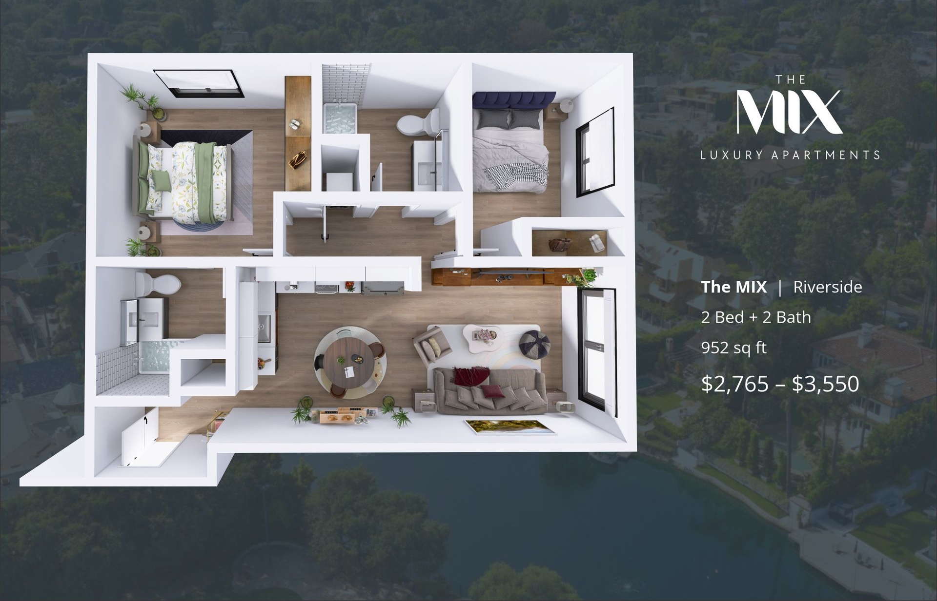 a  3d floor plan visual with details of a 2-bed unitl at the mix luxury apartments in toluca lake