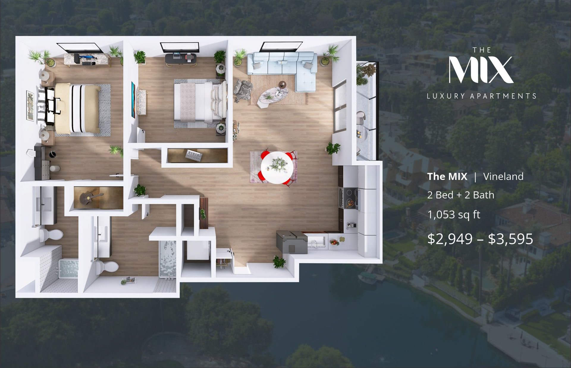 a  3d floor plan visual with details of a 2-bedmodel at the mix luxury apartments in toluca lake