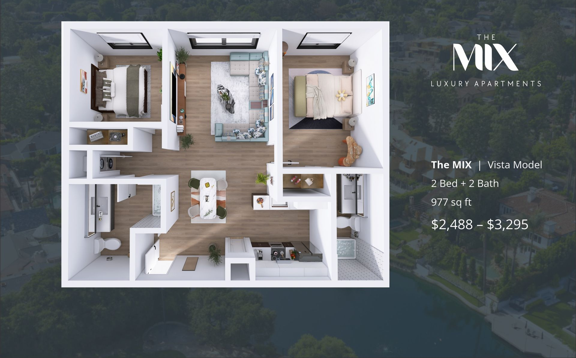 the 3d marketing floor lan of the vista unit model at the mix  luxury apartments in la