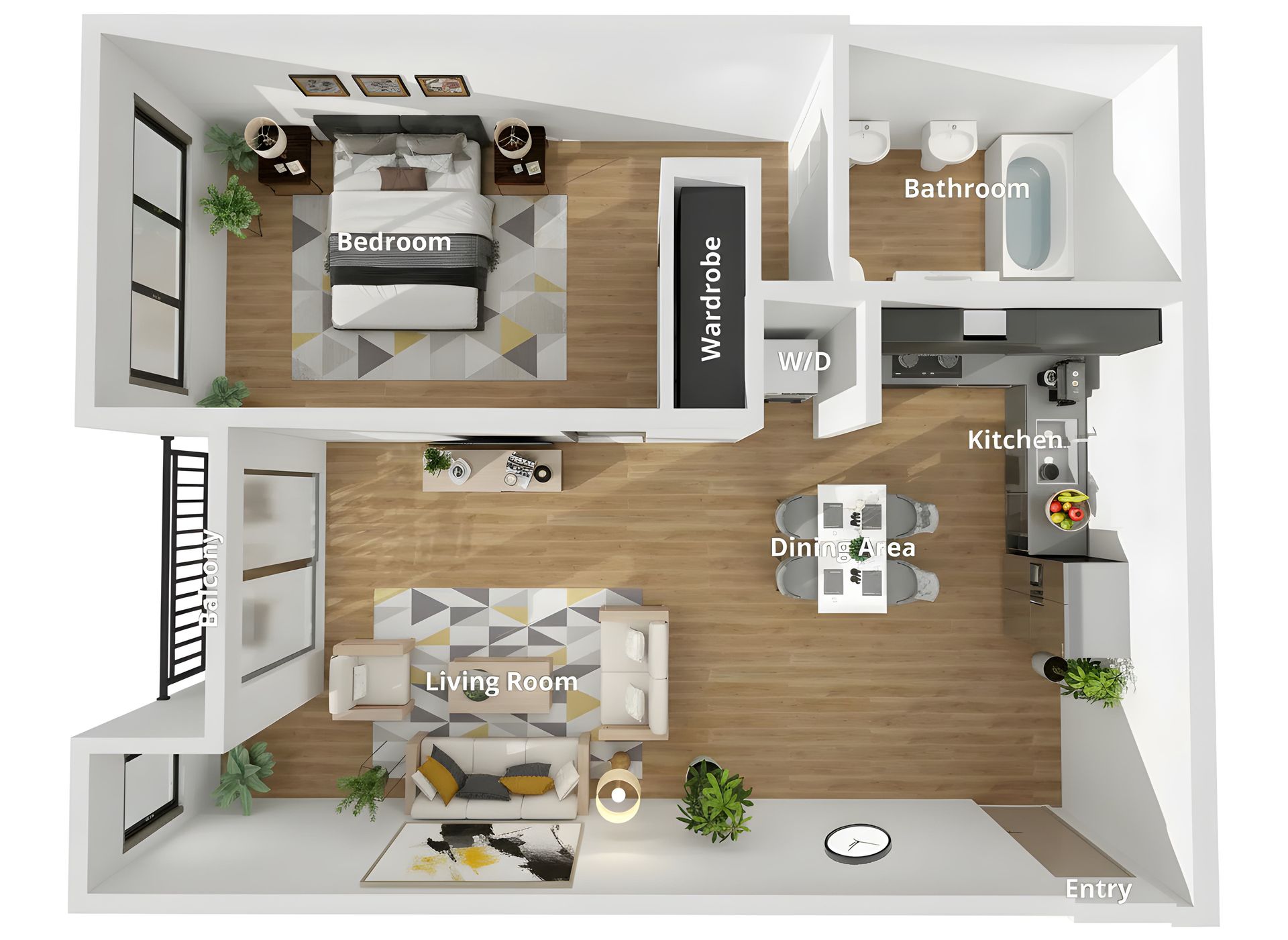 a digitally staged and 3D- floor plan of the 1-bedroom units at Cloud Nine Luxury Apartments in Los Angeles