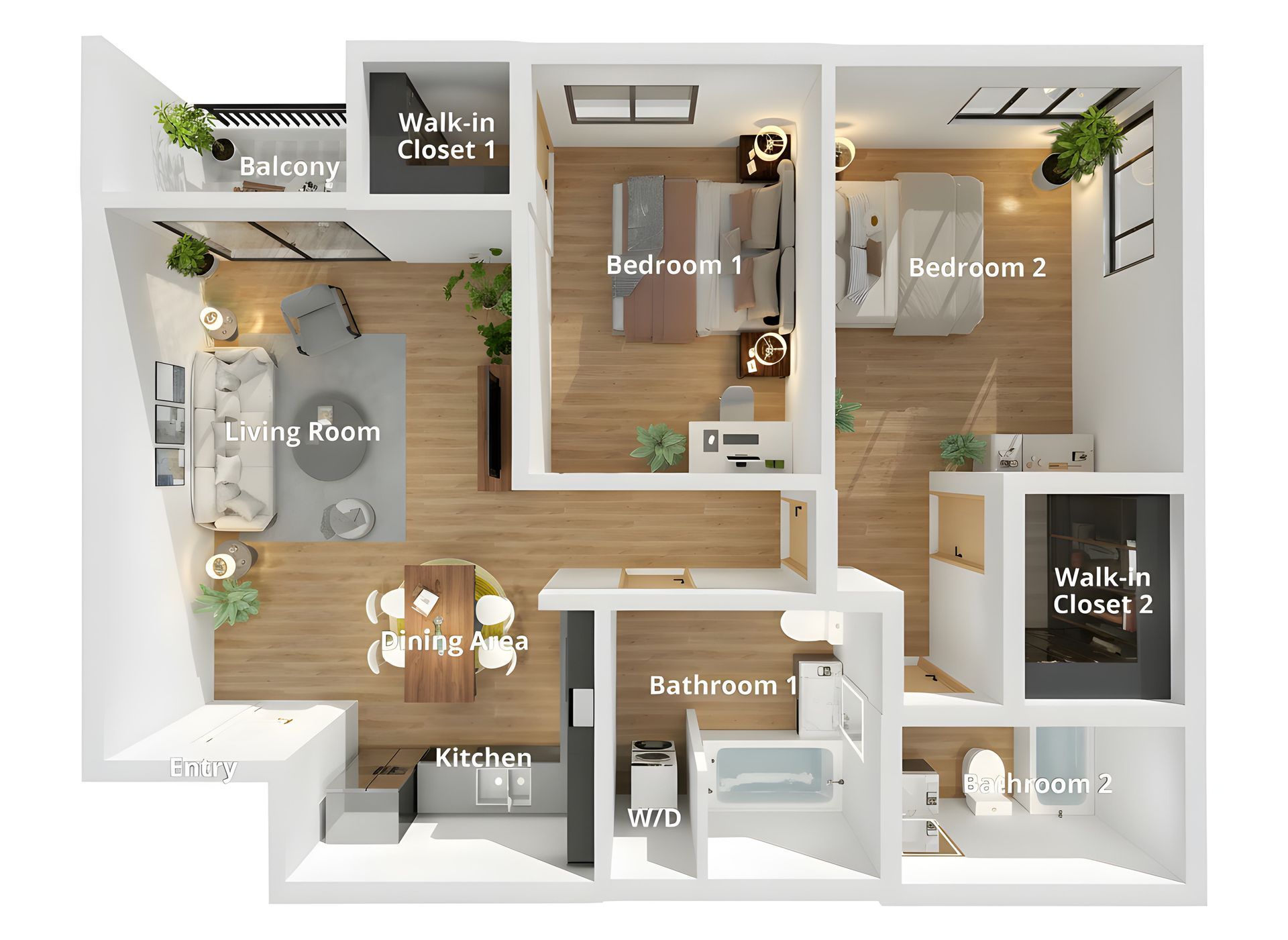 a digitally staged and 3D floor plan of the 2-bedroom units at Cloud Nine Luxury Apartments in Los Angeles