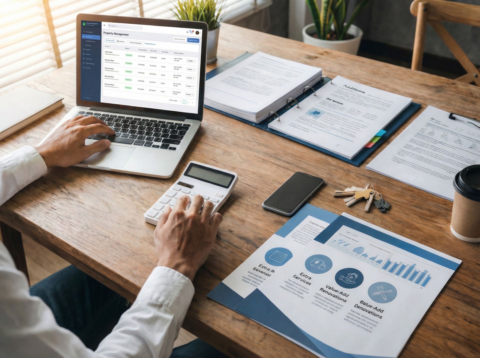 Professional reviewing property income reports and financial planning for property management
