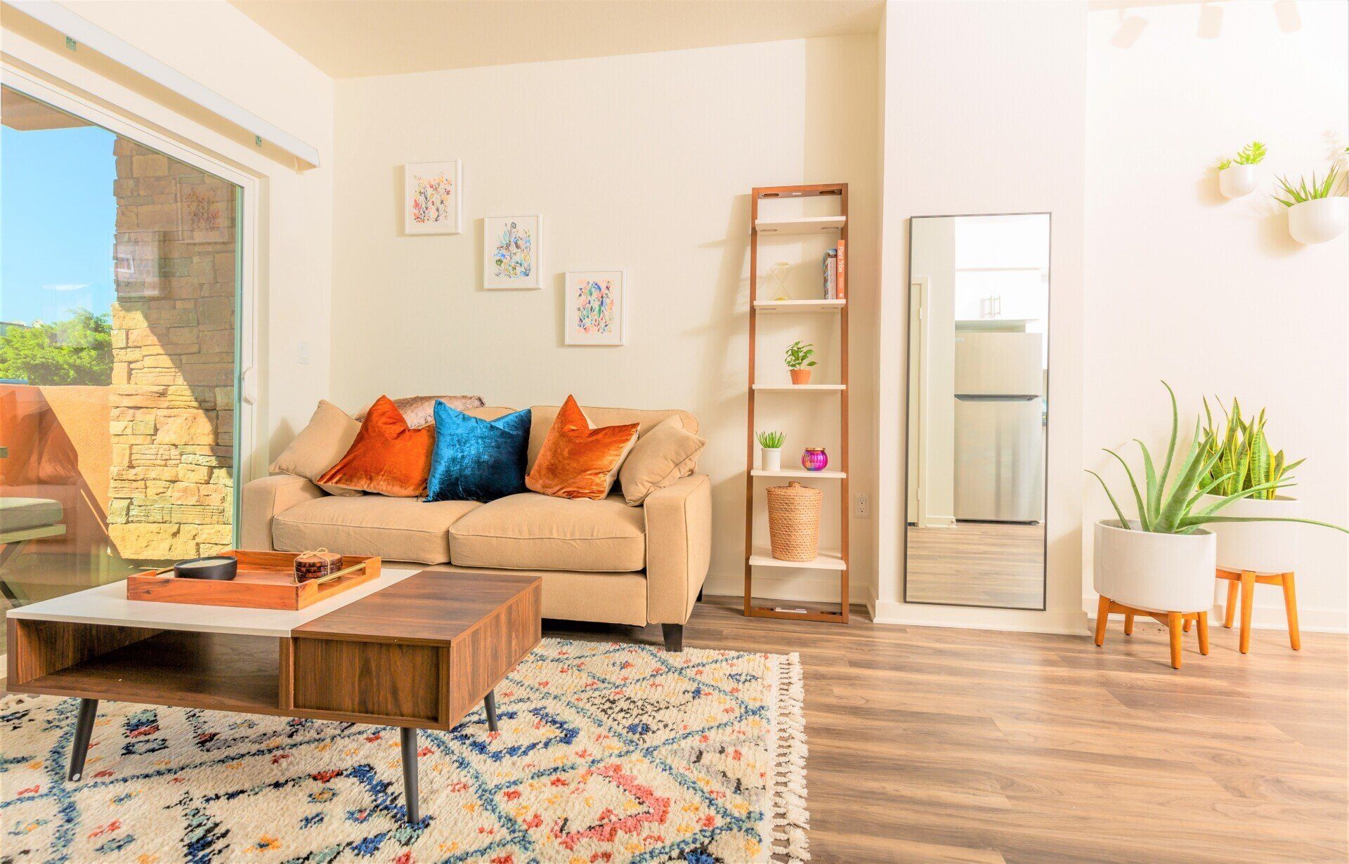 photo of an apartment interior showing a bright living room, furniture, plants, and window