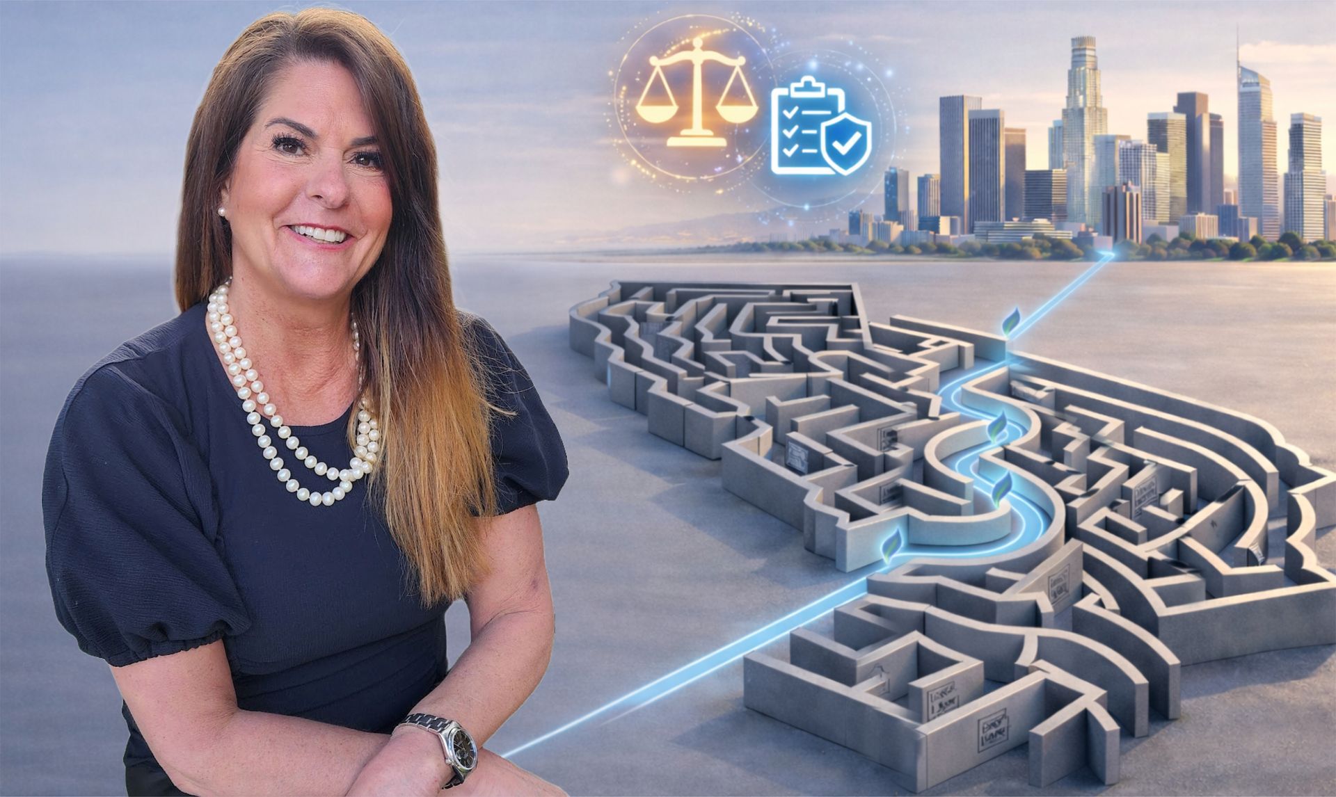Kari Negri of SKY Properties with California compliance maze concept and Los Angeles skyline