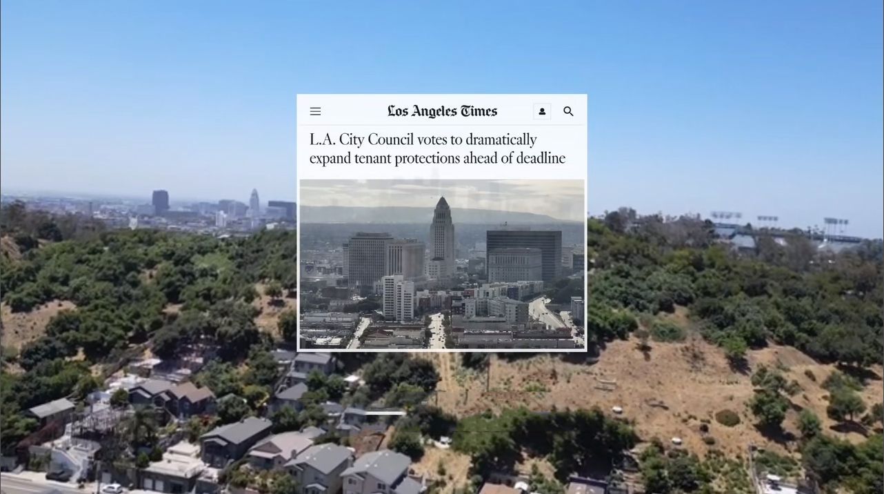 Los Angeles skyline with L.A. City Hall and a Los Angeles Times tenant protections headline