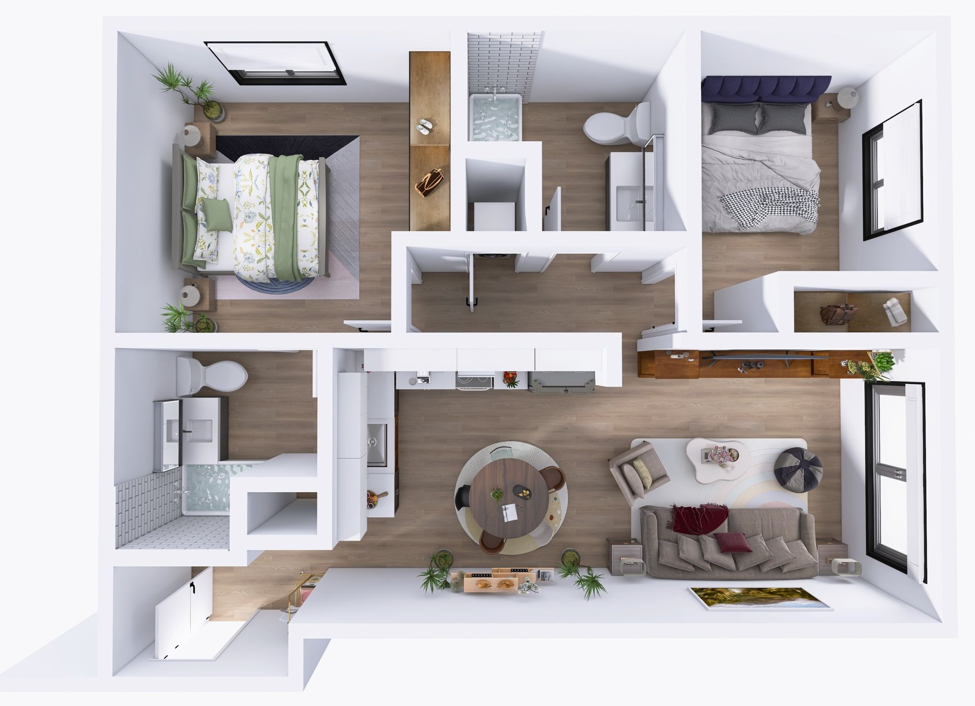 a digitally staged 3d floor plan of a 2-bedroom unit at the mix apartments in toluca lake