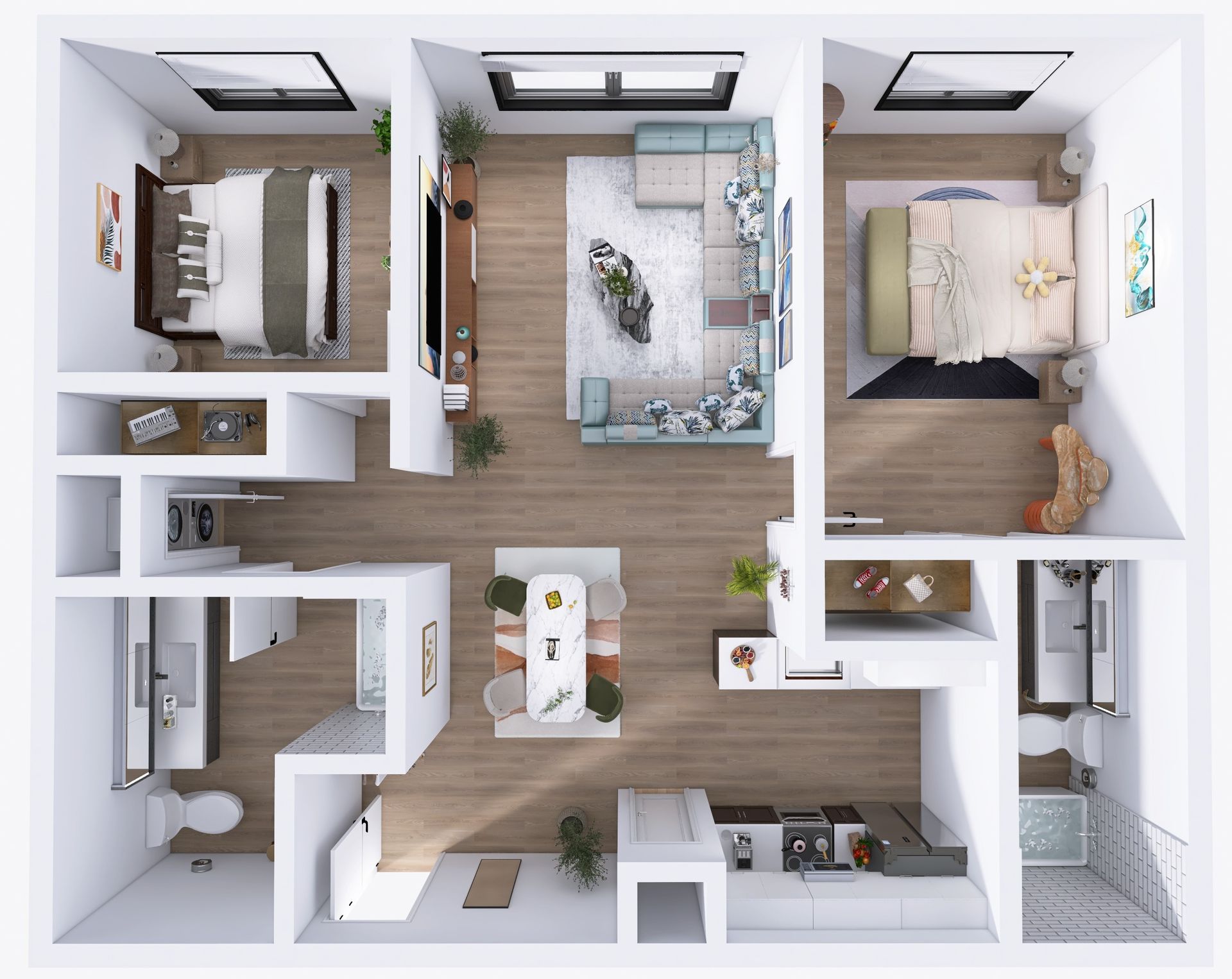 a digitally staged 3d floor plan of a 2-bedroom unit at the mix luxury apartments