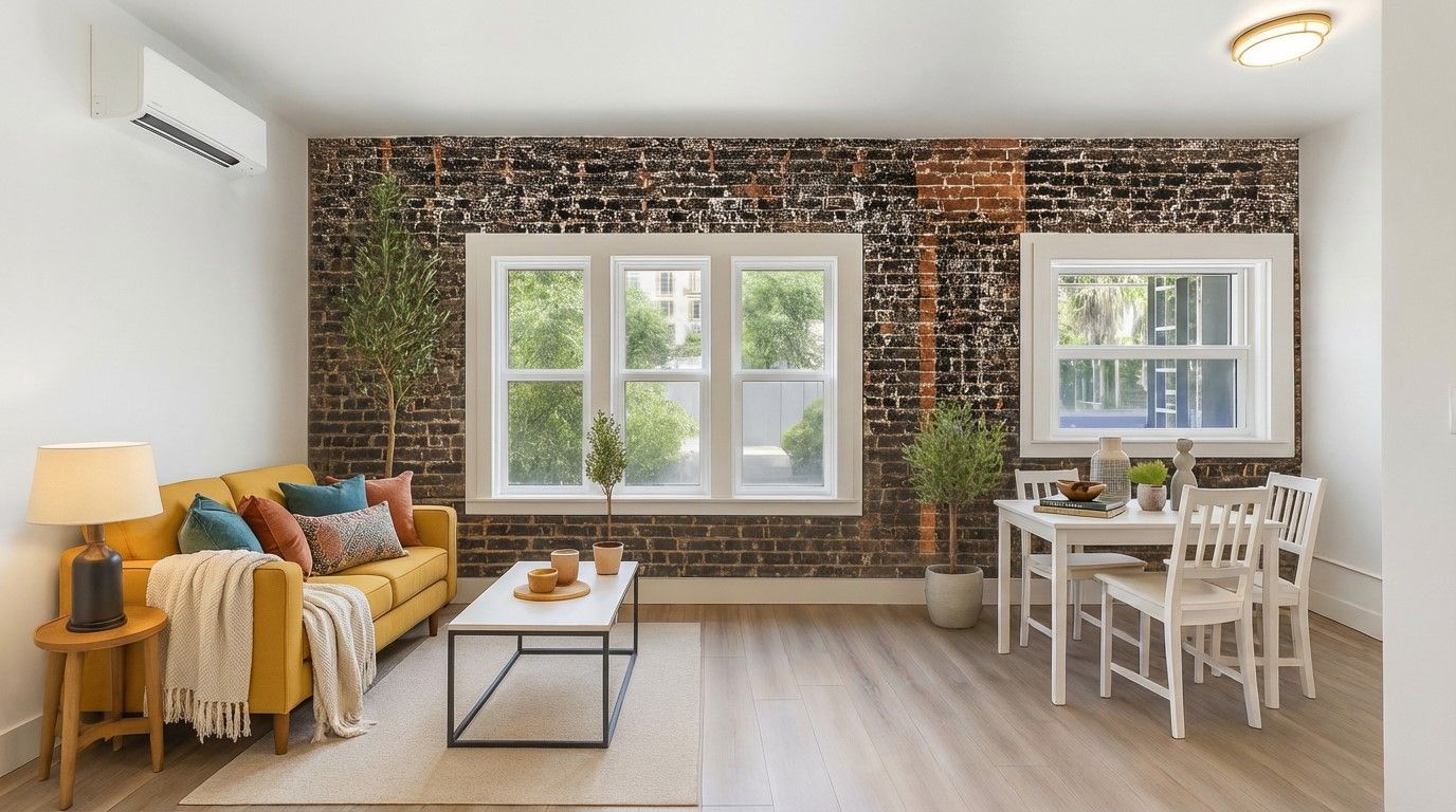 Room with brick accent wall, large window, and mirrored closet. Available at The Ansley, managed by SKY Properties, Inc.