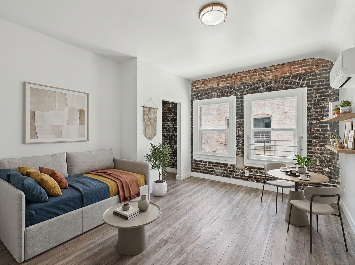 photo of a wider shot of the Ansley apartments' spacious and bright unit showing plank flooring and huge window