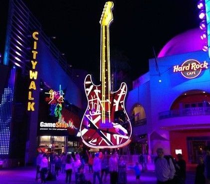 a nighttime photo of the grounds at universal citywalk in hollywood, california