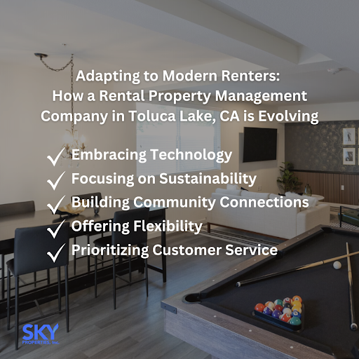 Modern rental space with text on adapting to renters in Toluca Lake, CA, focusing on tech, sustainability, and service.