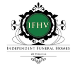 Logo for Independent Funeral Homes of Virginia with green IFHV emblem and black decorative flourishes