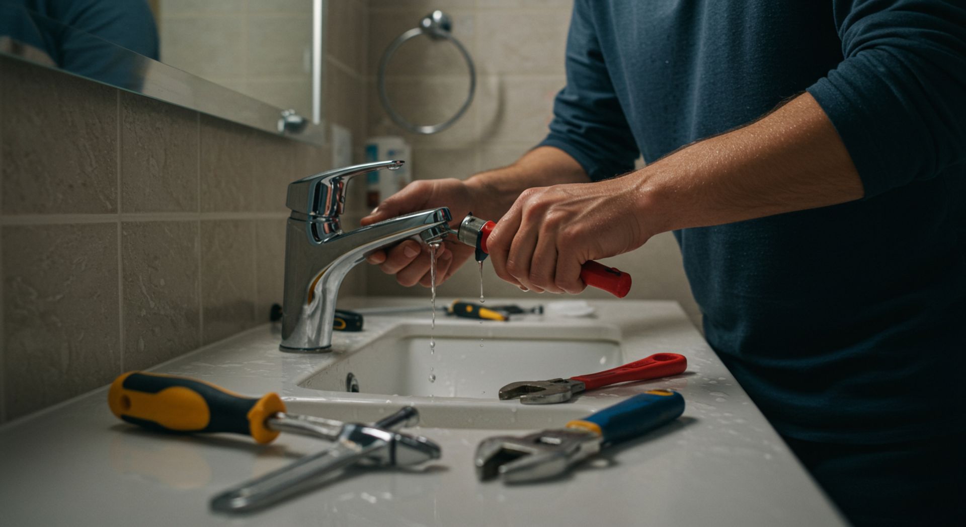 A person uses pliers to repair a silver bathroom faucet above a sink, surrounded by scattered tools.