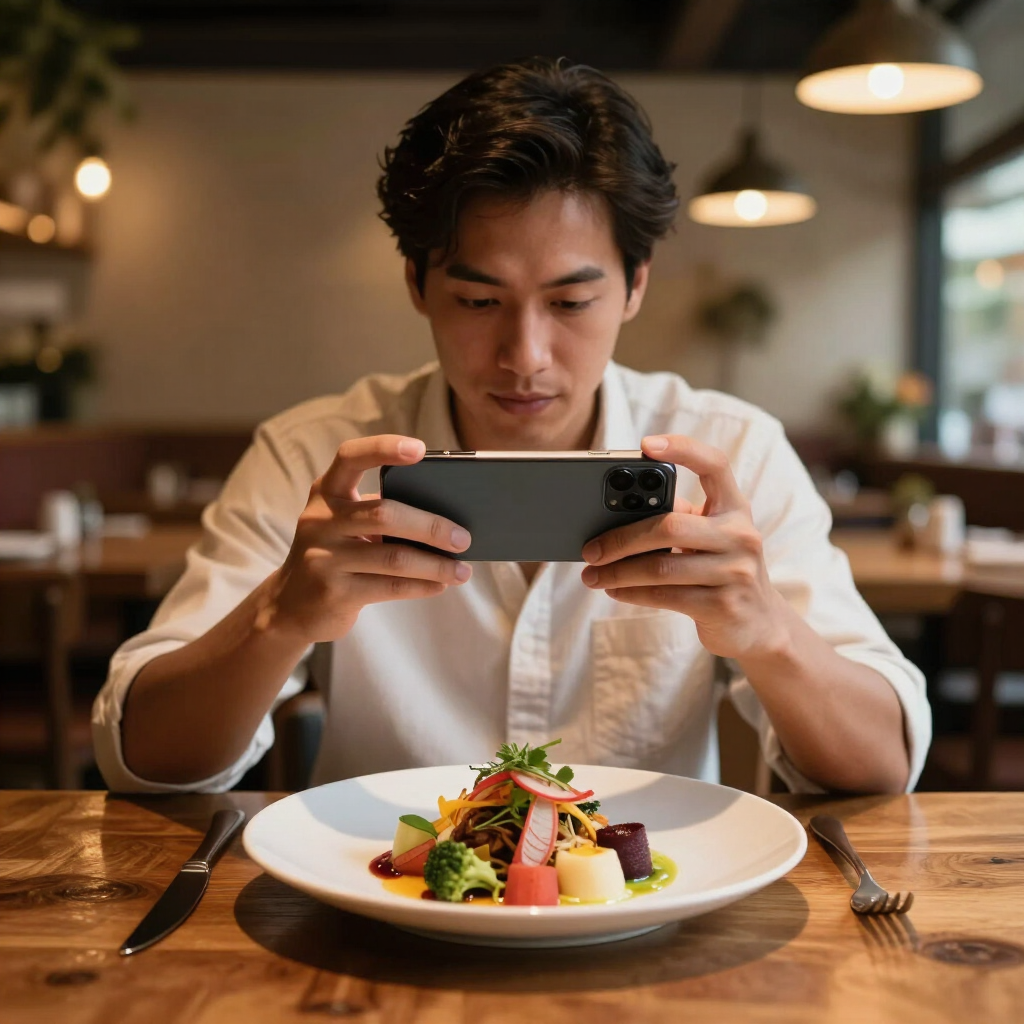 Person photographing a plated gourmet meal at a restaurant table with a smartphone